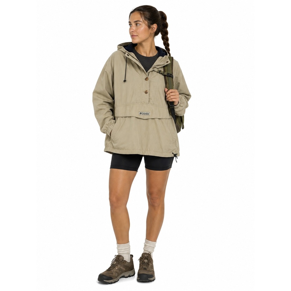 Vintage Columbia Anorak Windbreaker Hooded Pullover Khaki 80s 90s Gorpcore
